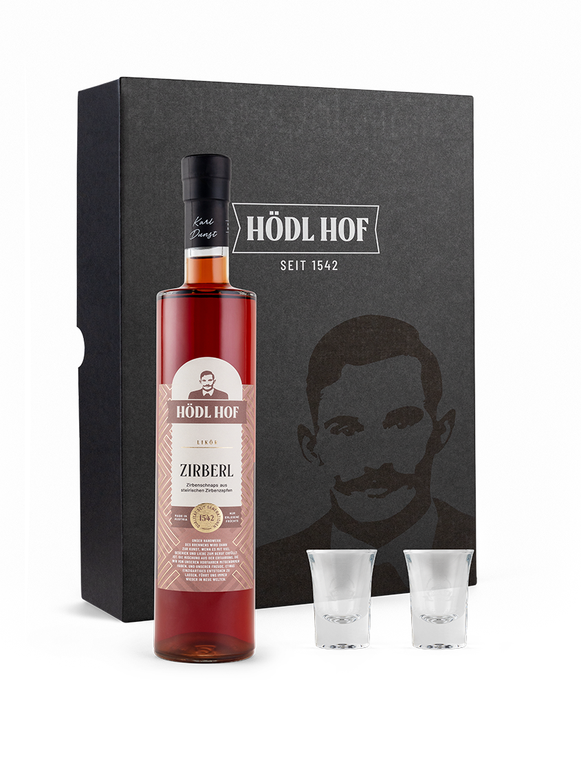 Hödl Hof Zirbenschnaps Geschenk Set | Zirberl Set | Flasche + 2 Stamperl | 25% Vol.